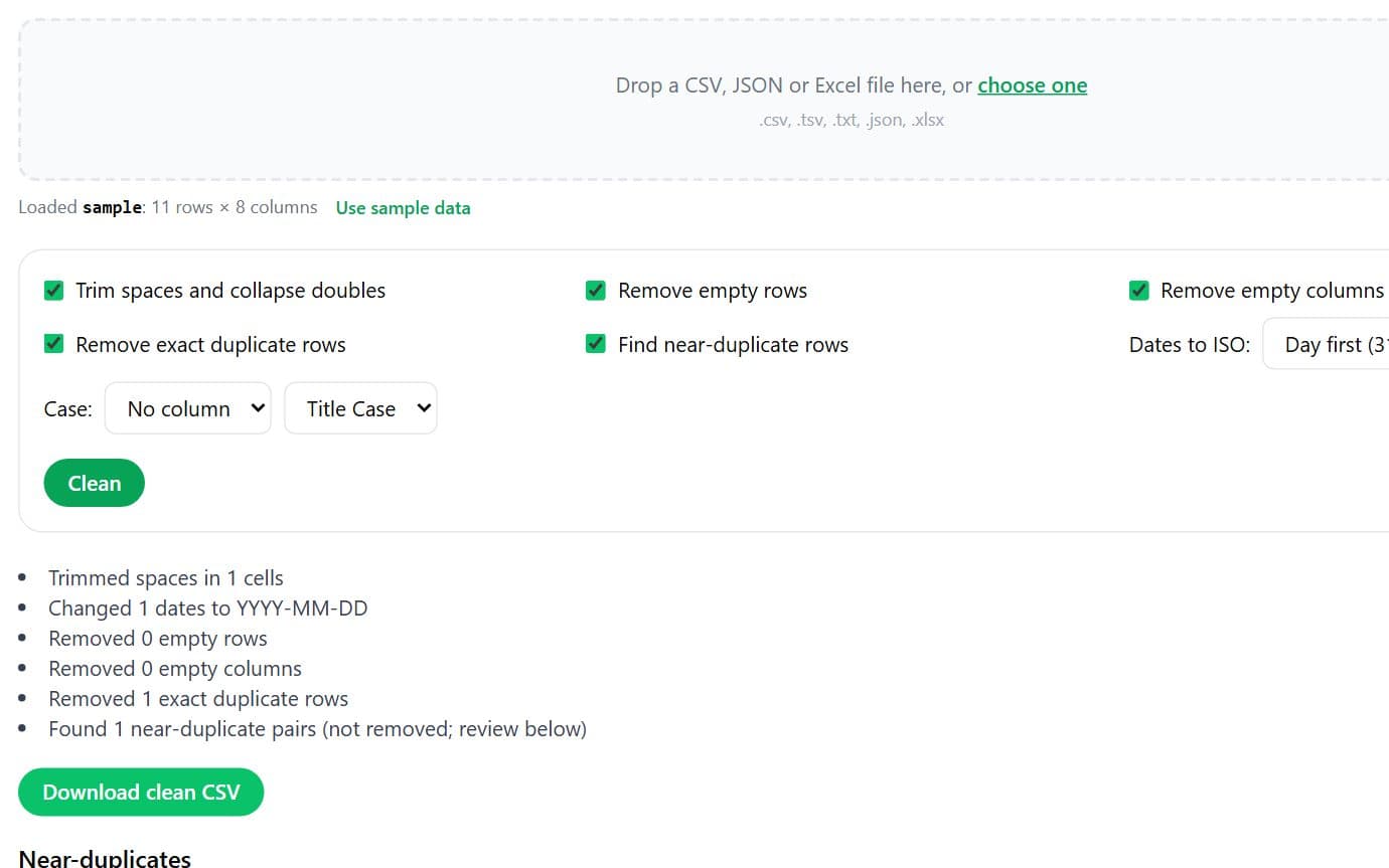 csvCleaner screenshot: Trim, dedupe, fix dates and find near-duplicate rows