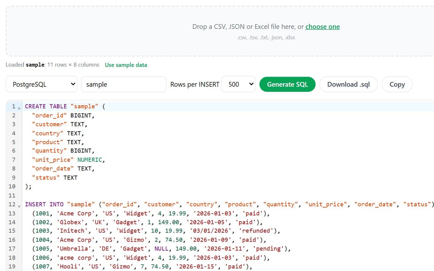 csvToSql screenshot: CREATE TABLE and INSERT statements from a CSV