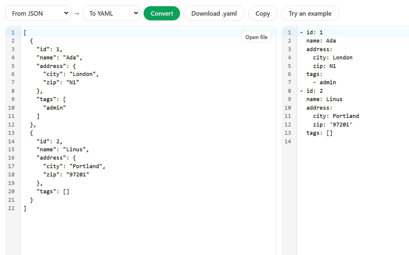 dataConverter screenshot: CSV, JSON, Excel, YAML and XML, any to any