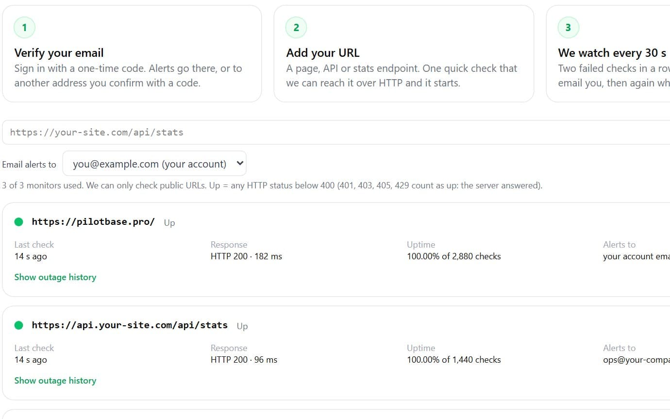 downtimeAlert screenshot: We check your URL, API or stats page every 30 seconds and email you when it's down
