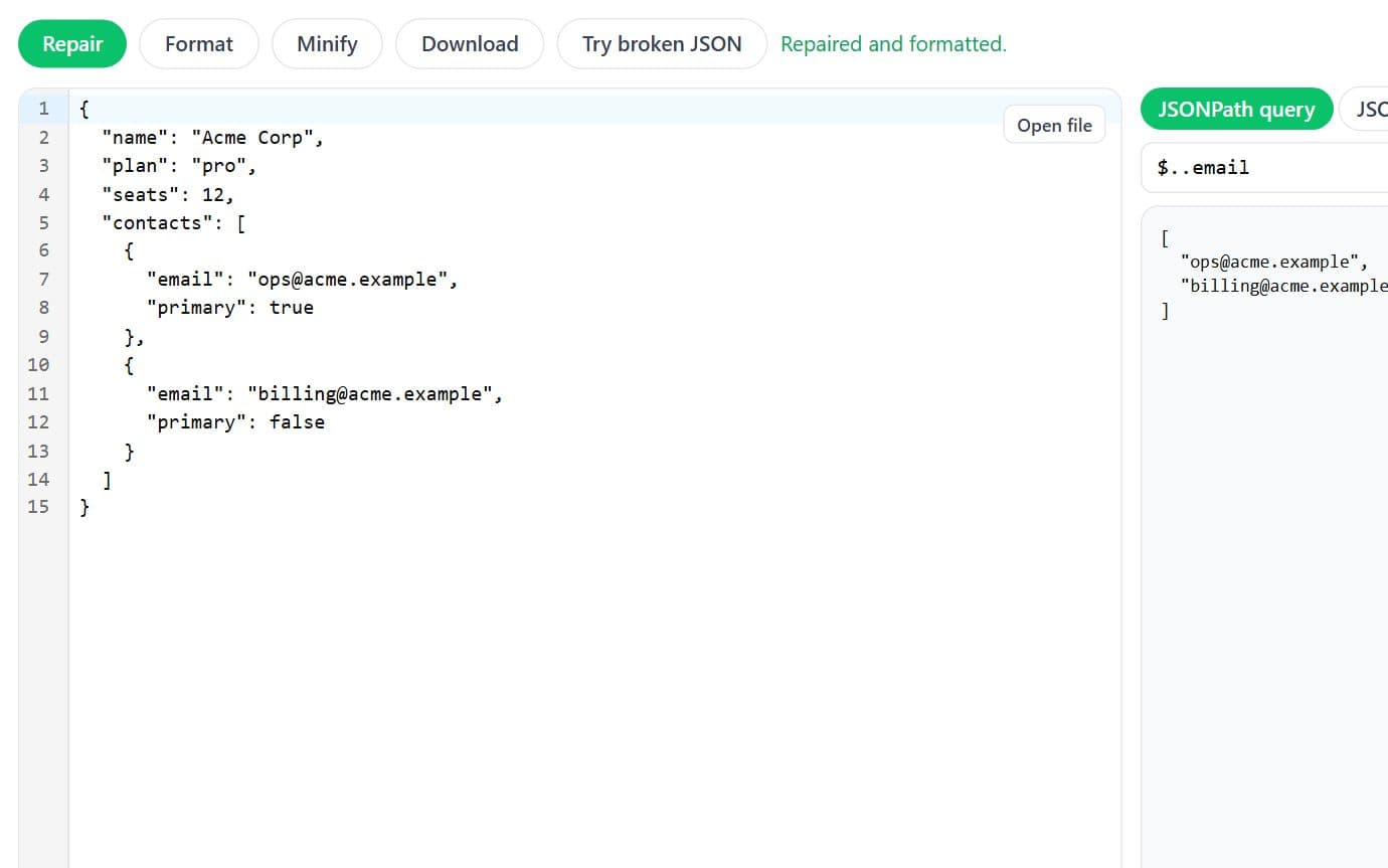 jsonTools screenshot: Repair, format, query with JSONPath and validate with JSON Schema