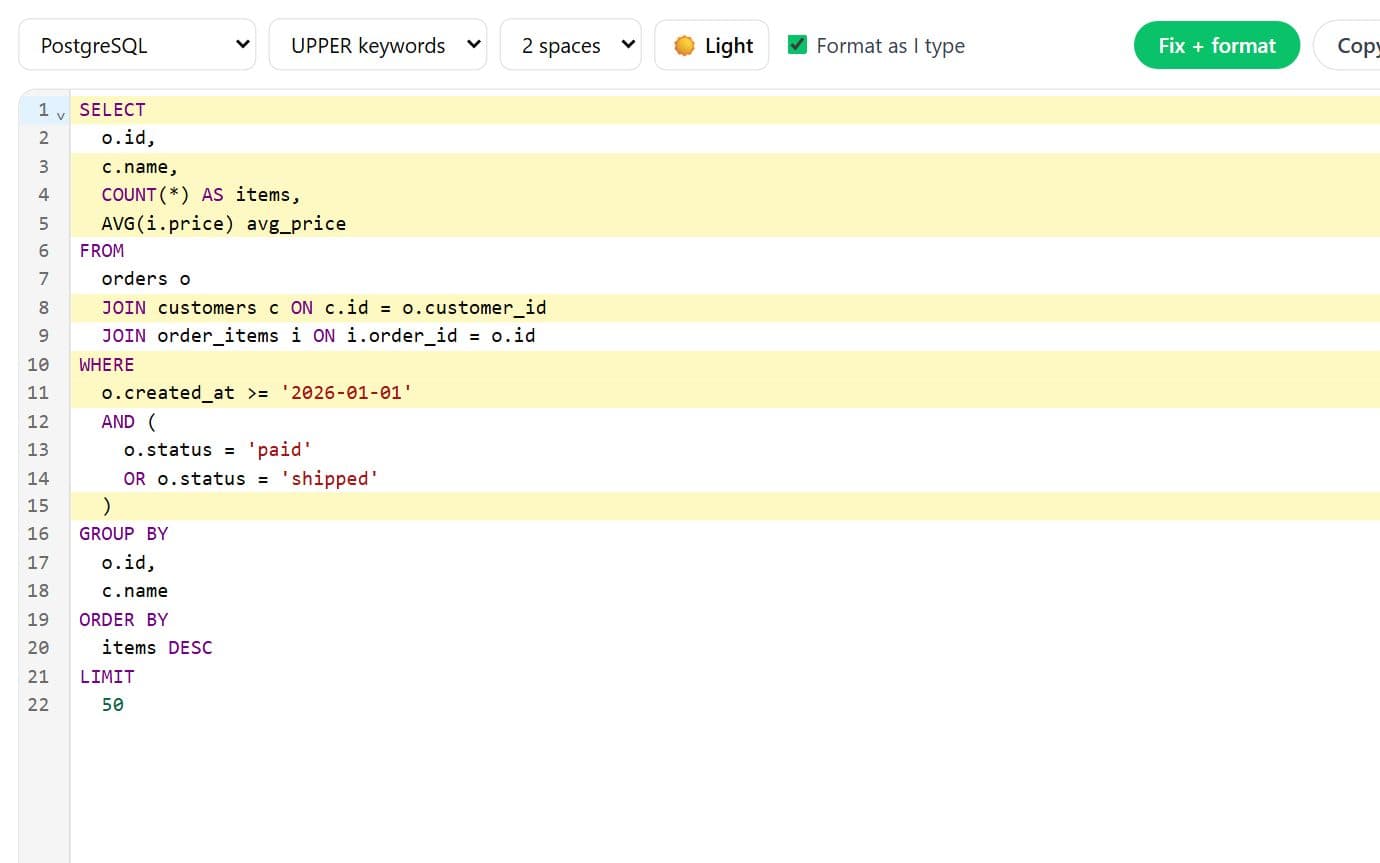 sqlBeautify screenshot: Format, highlight and fix SQL as you type