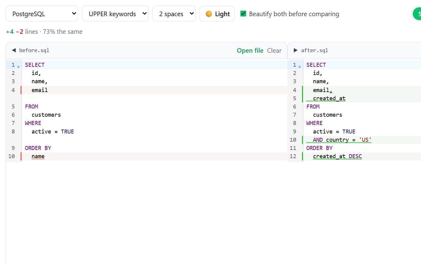 sqlCompare screenshot: Diff two SQL files like git, after formatting both