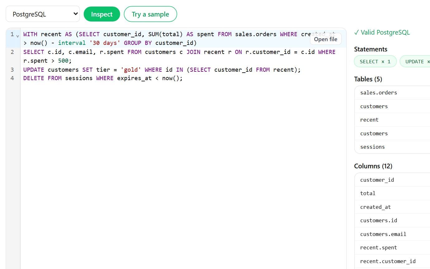 sqlInspector screenshot: Validate SQL and list the tables and columns it touches