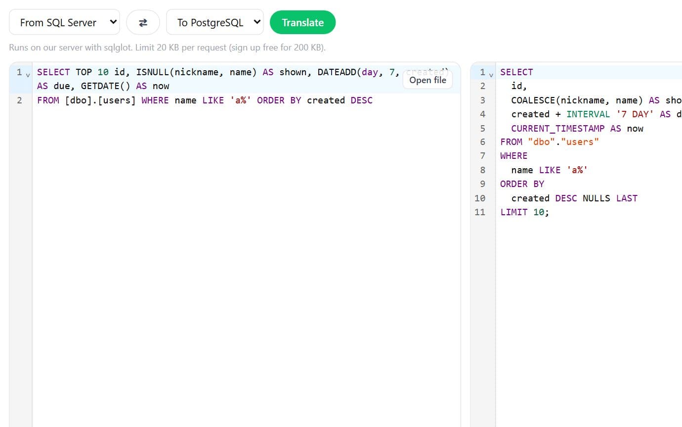 sqlTranslate screenshot: Convert SQL between 14 dialects
