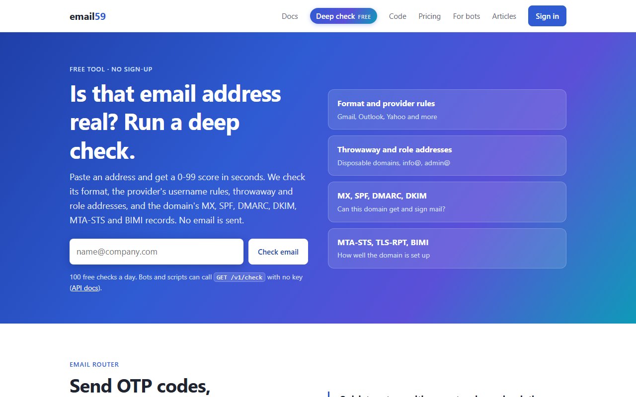 The email59.com home page with a free deep email check in the hero and the email router section below