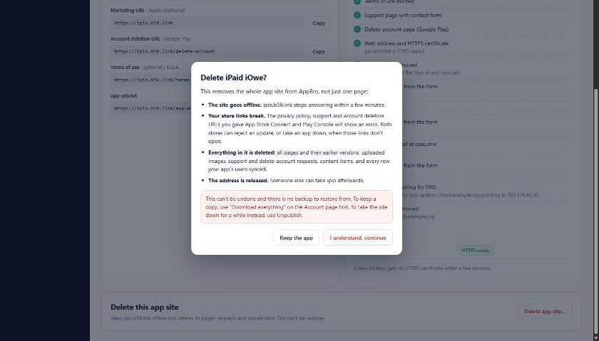 AppBro delete dialog for the iPaid iOwe app site, listing what will be removed before a second confirmation step