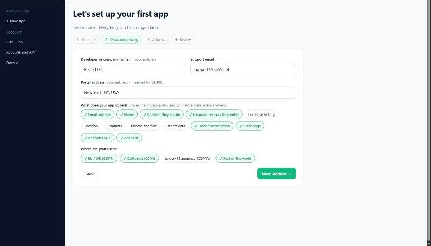 AppBro set-up form, step 2 of 4: developer name, support email, what the app collects (email, name, content, financial records, device information, crash logs, analytics, ads) and where its users are