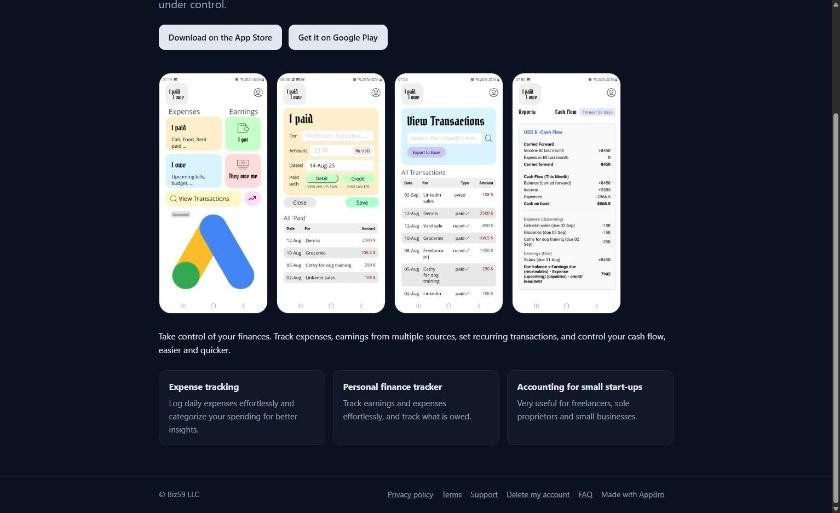 The live iPaid iOwe app site made by AppBro: store buttons, four app screenshots, a description and three feature cards, with links to privacy policy, terms, support, delete my account and FAQ in the footer
