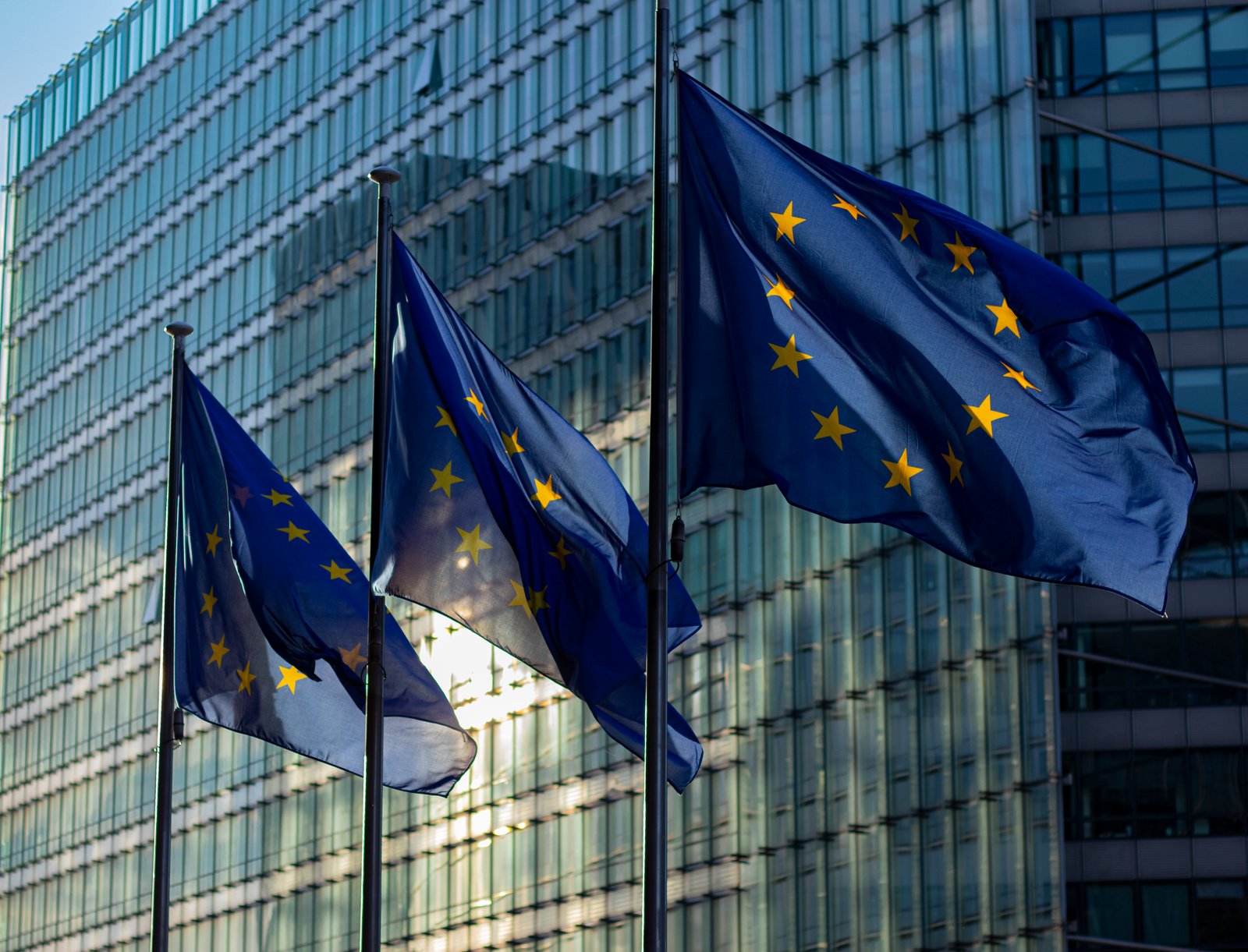 European Union flags on poles in front of a glass office building in Brussels