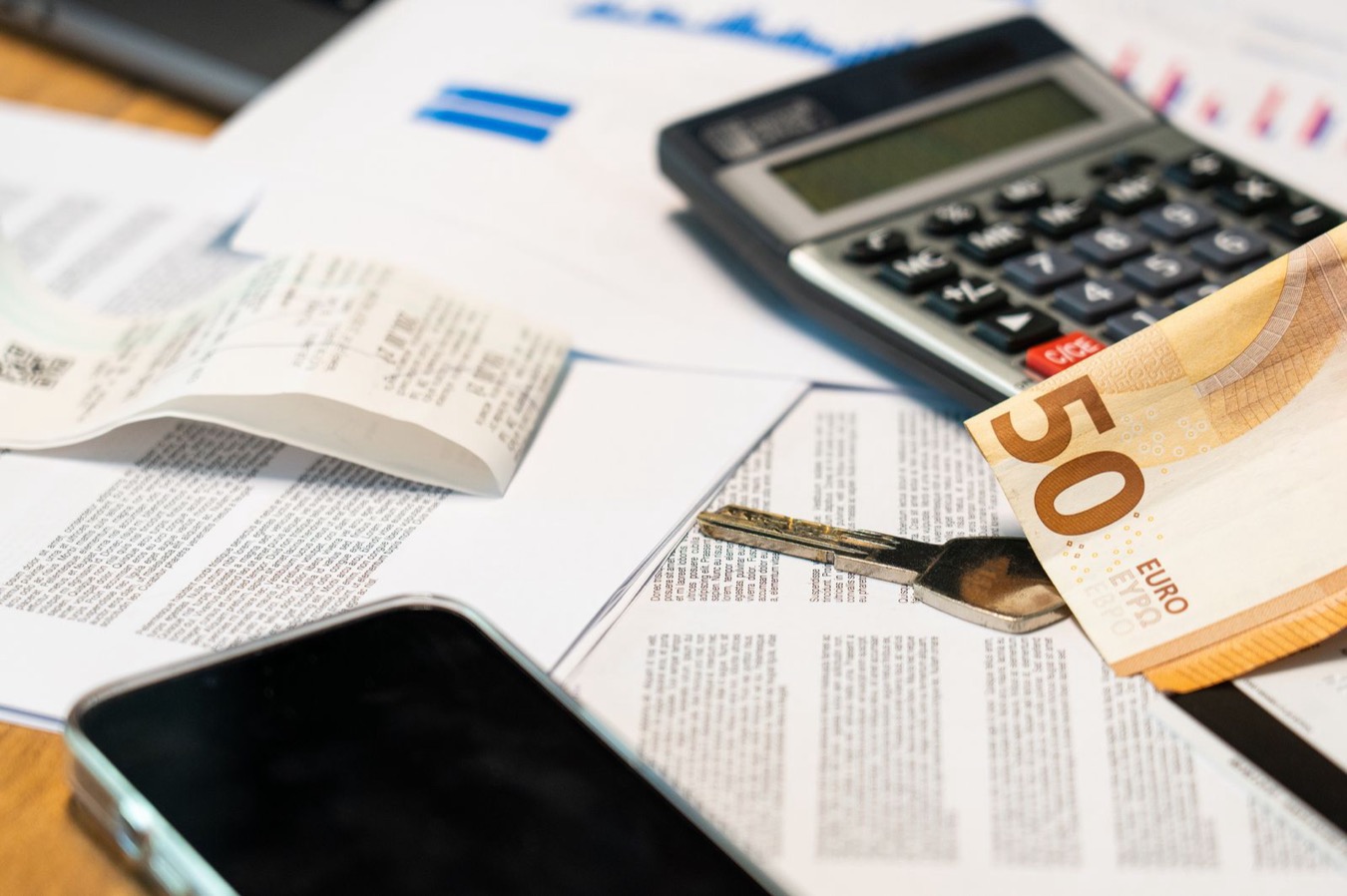 A folded 50 euro note and a calculator on printed papers, with a receipt and a phone on the desk