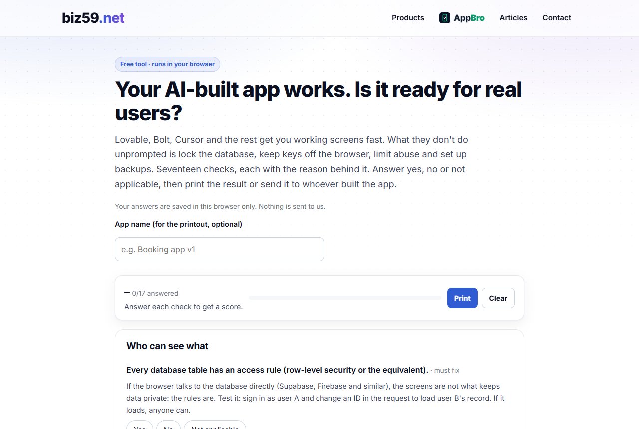 The biz59.net launch checklist tool: Your AI-built app works. Is it ready for real users? Seventeen checks with yes, no or not applicable answers and a score