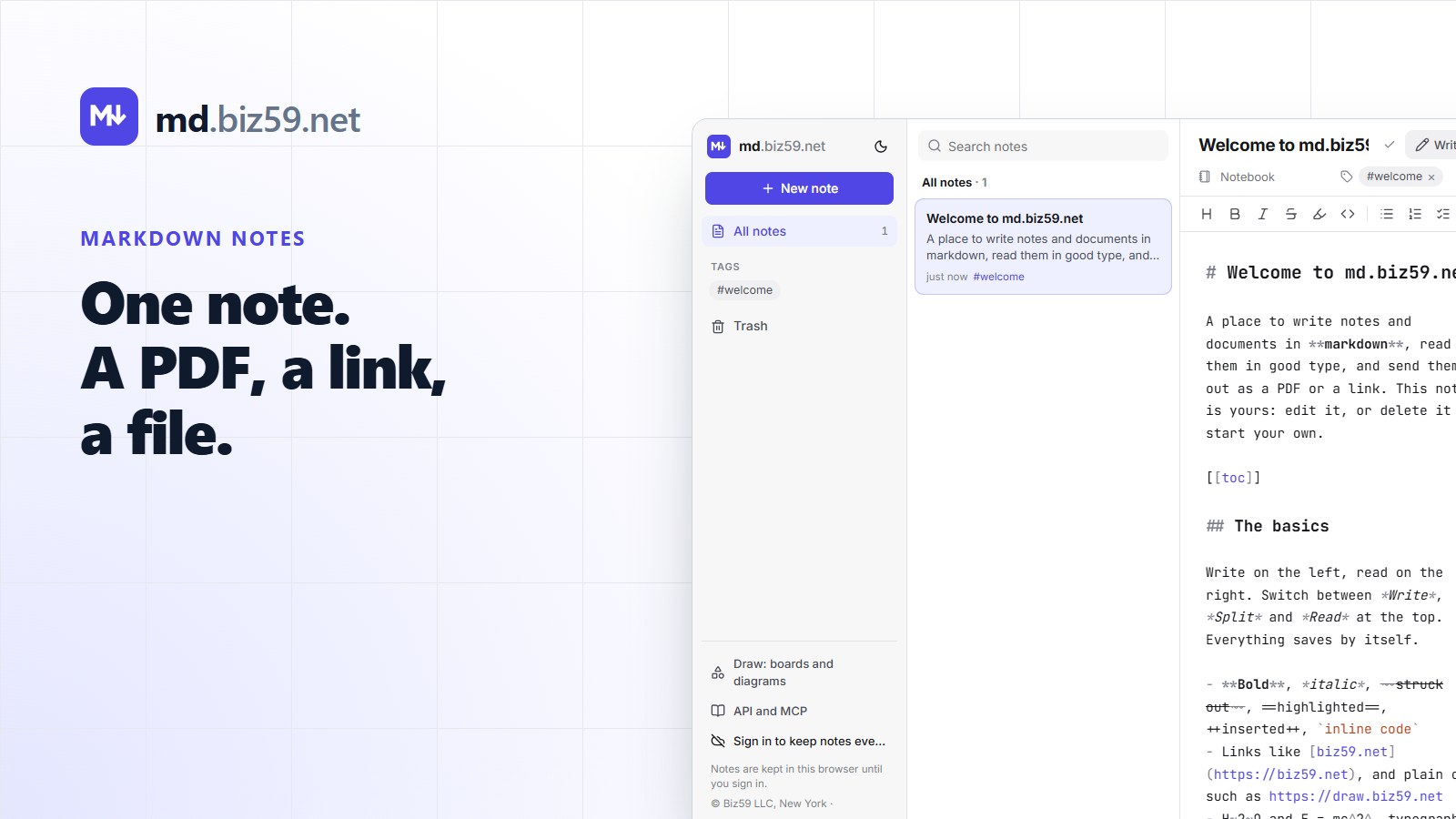 md.biz59.net logo with the line One note. A PDF, a link, a file, next to the editor showing markdown on the left and the finished page on the right