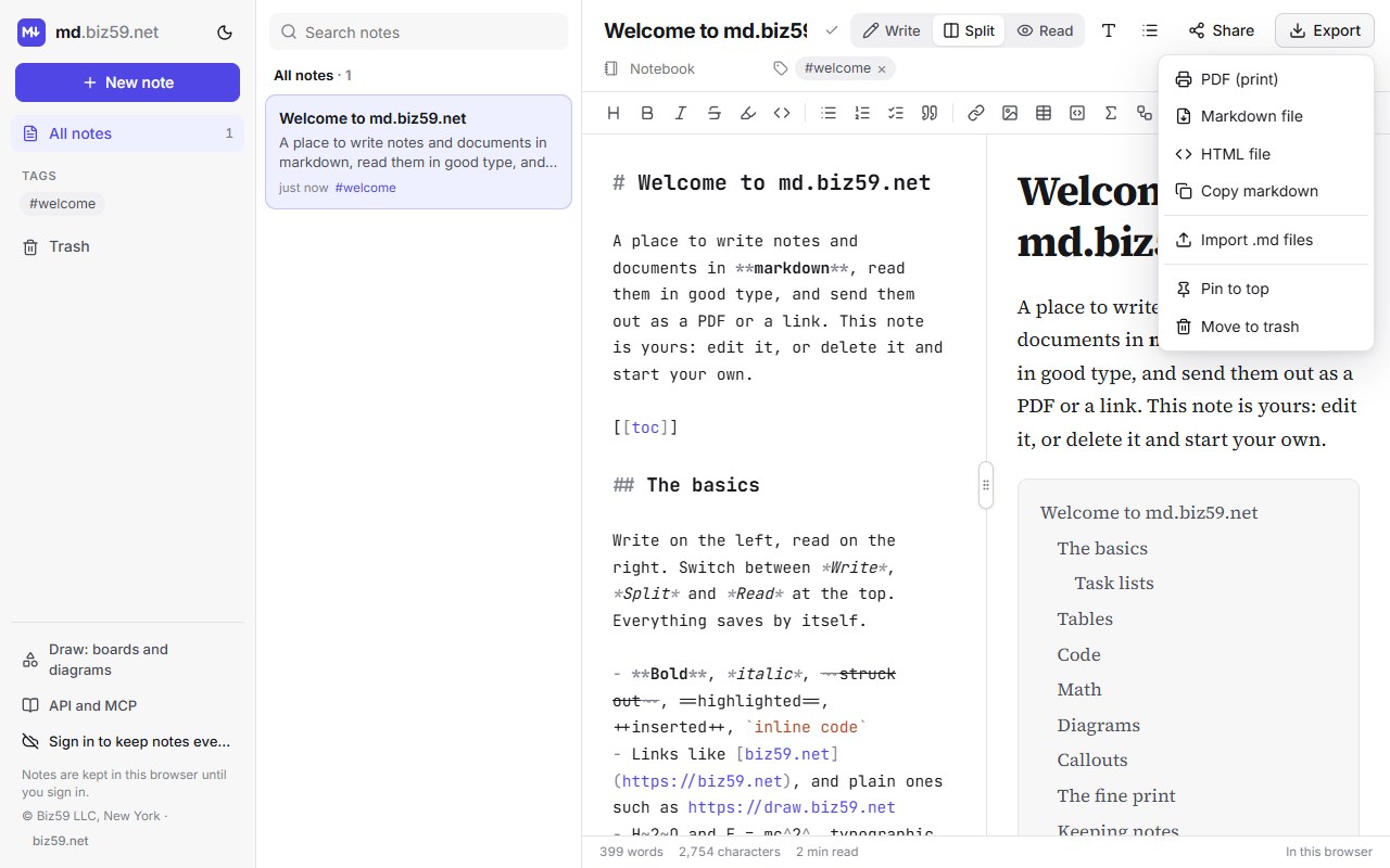 The Export menu open in md.biz59.net with the choices PDF (print), Markdown file, HTML file, Copy markdown, Import .md files, Pin to top and Move to trash