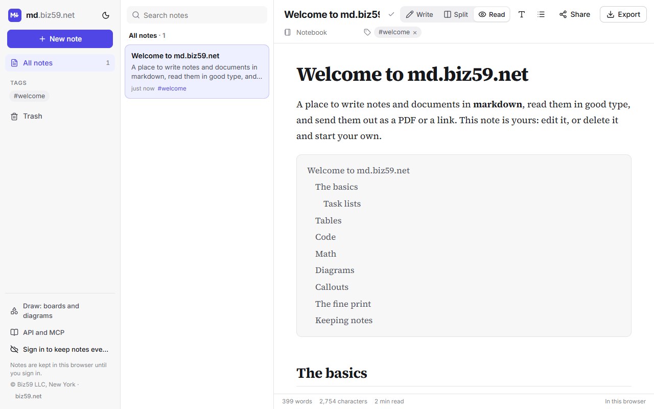 The same note in Read view: a wide, clean page with the heading Welcome to md.biz59.net, an introduction and a boxed table of contents