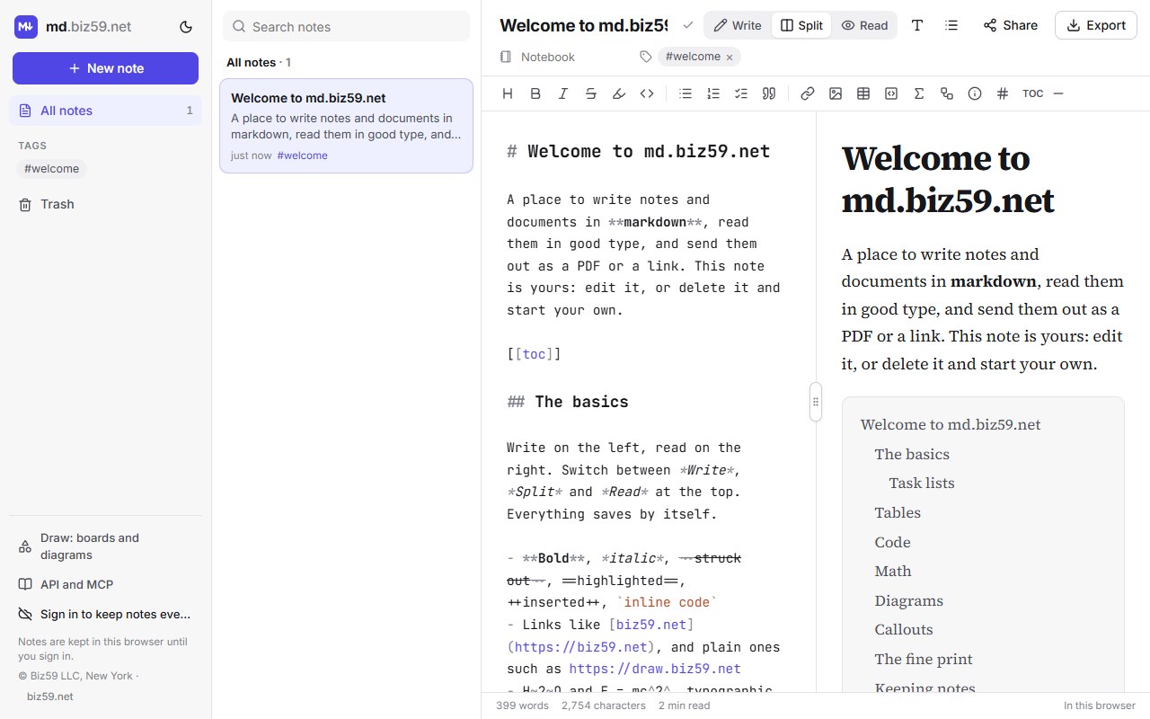 md.biz59.net in Split view: the list of notes on the left, then the markdown source of the welcome note in a monospaced font, and beside it the same note as a finished page set in a serif typeface with a table of contents