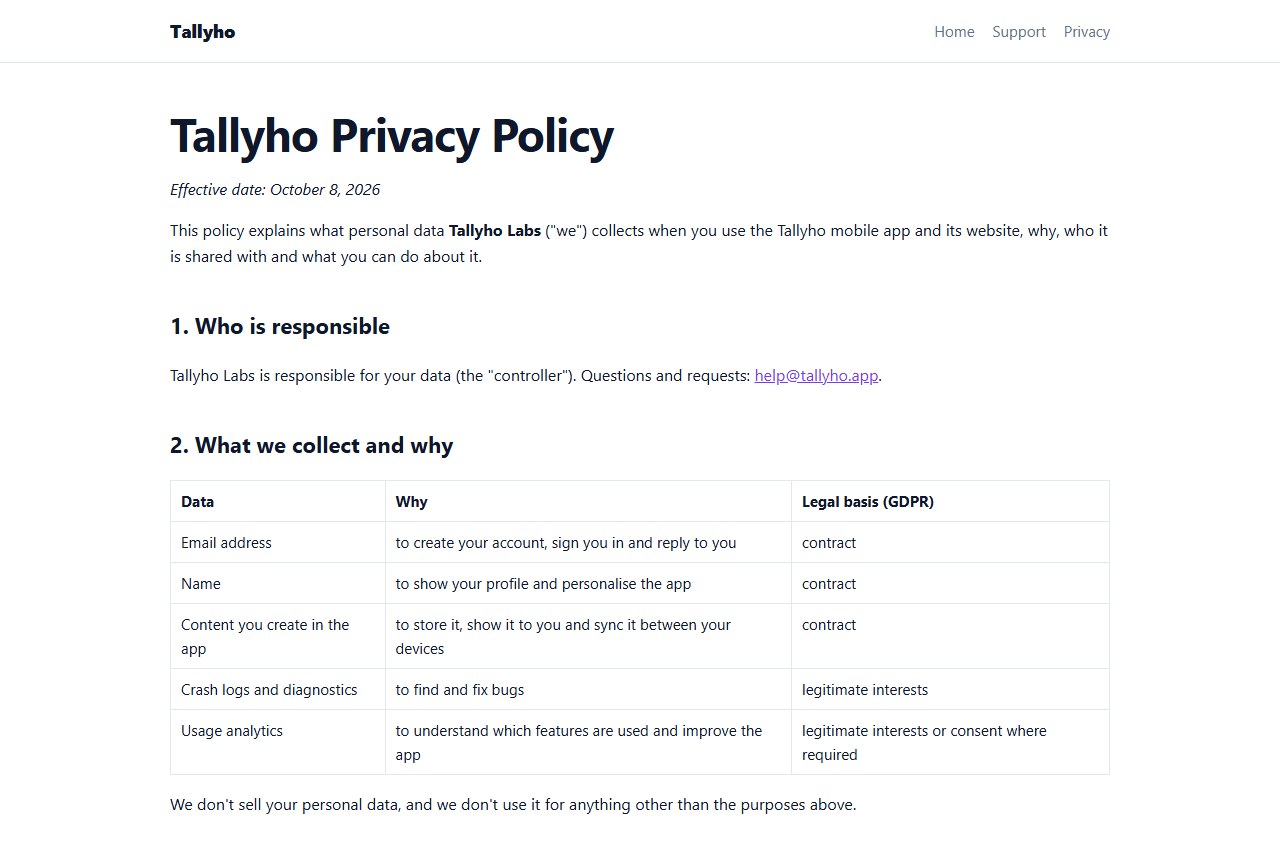 A privacy policy page drafted by AppBro for a sample app called Tallyho: who is responsible, and a table of what is collected, why, and the legal basis under GDPR