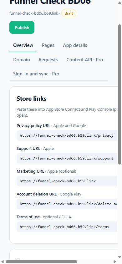 AppBro console on a phone after creating a test app: store links for Privacy policy URL, Support URL, Marketing URL, Account deletion URL and Terms of use, each on the app's own b59.link address