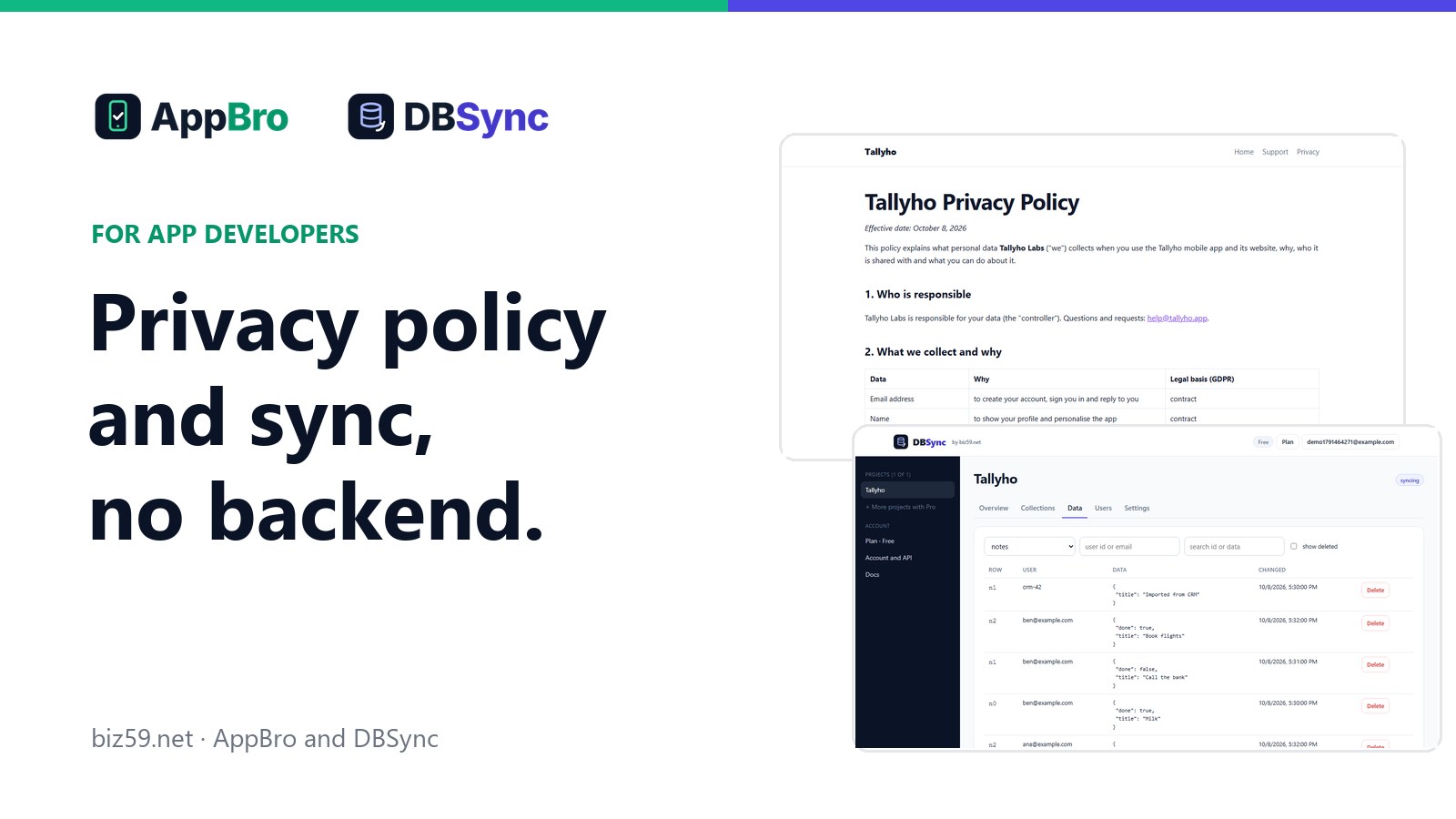 AppBro and DBSync logos with the line Privacy policy and sync, no backend, next to a drafted privacy policy page and the DBSync data browser