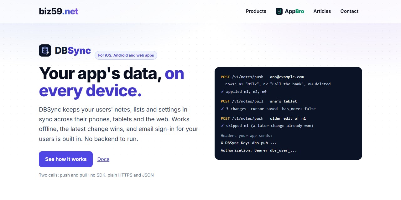 The DBSync page on biz59.net: Your app's data, on every device. A panel shows a push of three rows, a pull on another device, and an older edit being skipped because a later change already won