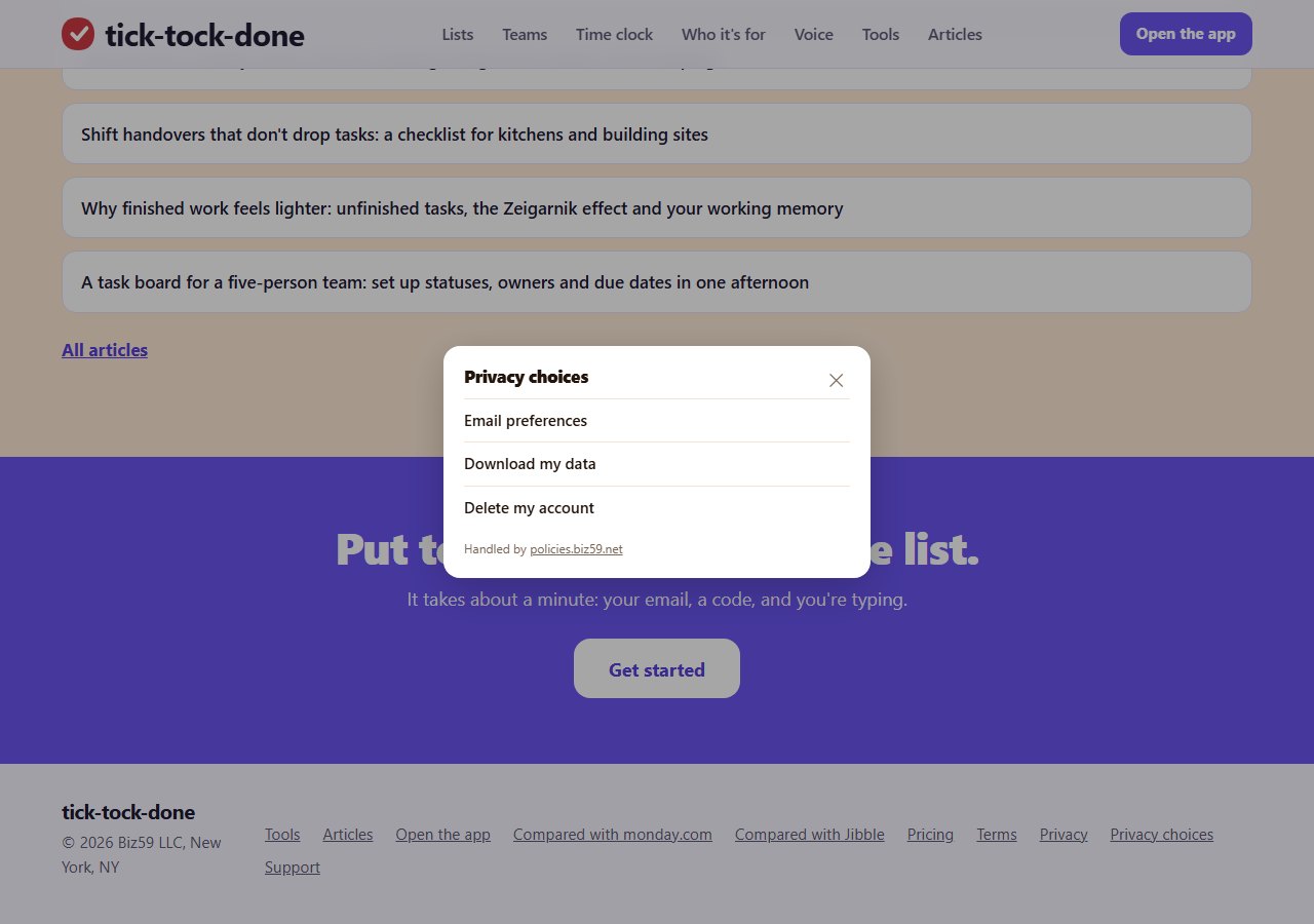The tick-tock-done home page with the Privacy choices panel open over it: email preferences, download my data, delete my account, handled by policies.biz59.net