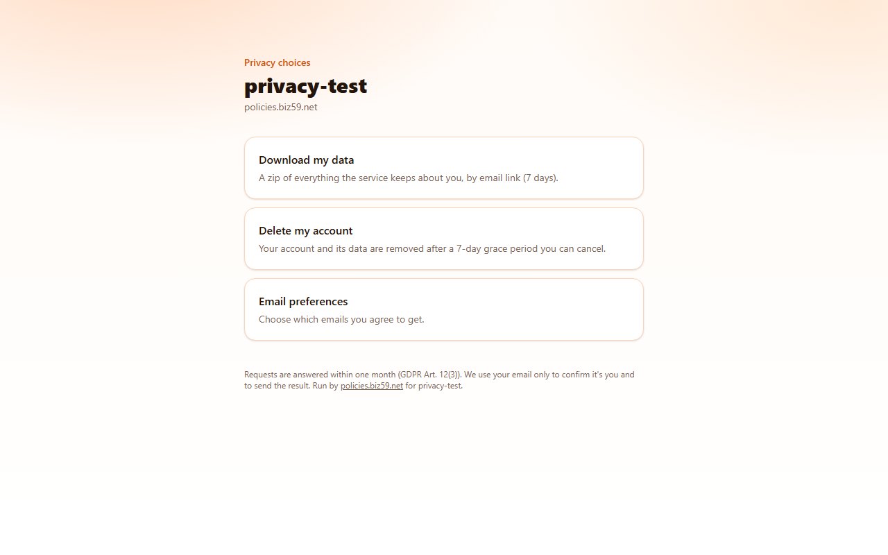 The hosted privacy page for a test project with three cards: download my data (a zip by email link, 7 days), delete my account (removed after a 7-day grace period you can cancel), email preferences