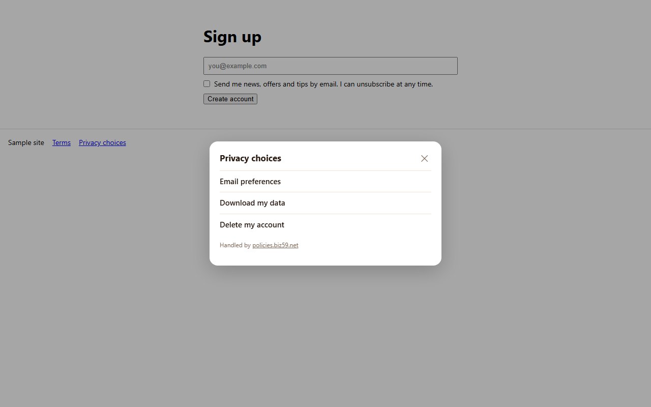 A sample sign-up form with an unticked box: Send me news, offers and tips by email. I can unsubscribe at any time. The Privacy choices panel is open below it