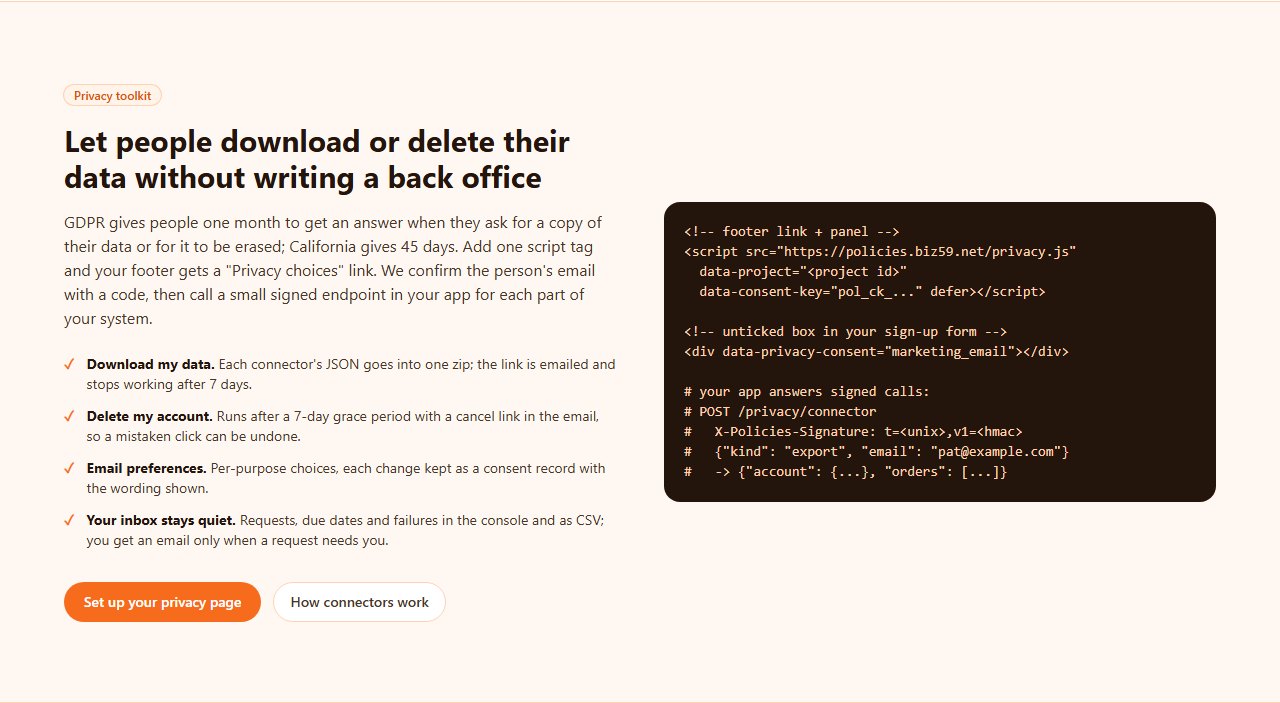 The privacy toolkit section on the policies.biz59.net home page: the four things it handles and the script tag and sign-up box markup