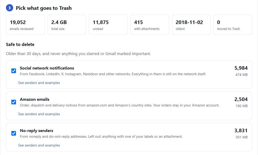 The Gmail cleanup listing social network notifications, Amazon emails and no-reply senders as safe to move to Trash, with counts and sizes