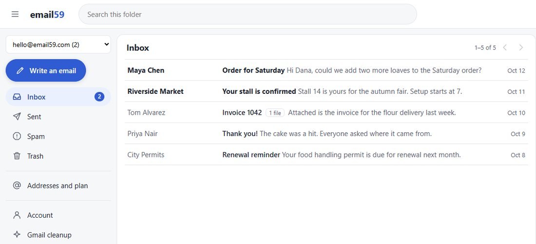 The email59 mailbox with an order, a market stall confirmation, an invoice and a thank-you note for a small bakery