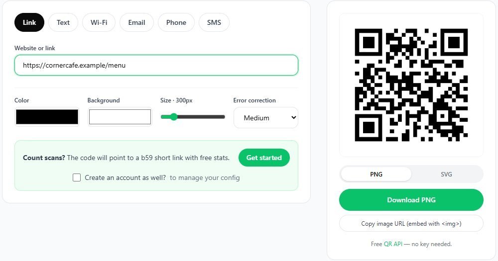 The b59.link QR maker with a café menu link and a code ready to download as PNG or SVG