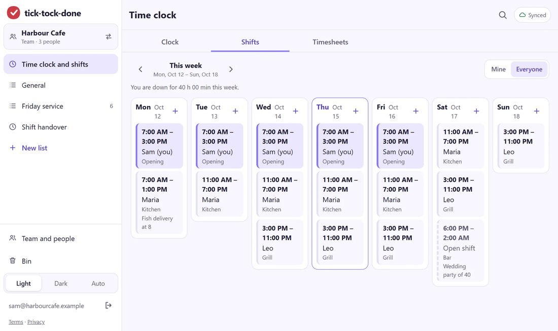 TickTockDone time clock with the week's shifts for a café crew, day by day