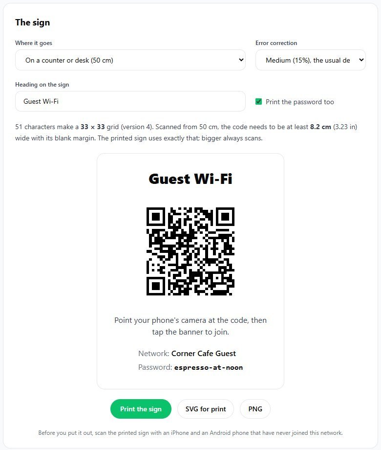 A printable guest Wi-Fi sign from b59.link with the network name and a QR code to join