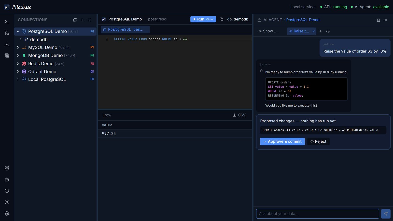 Pilotbase AI agent showing a proposed UPDATE with Approve & commit and Reject buttons