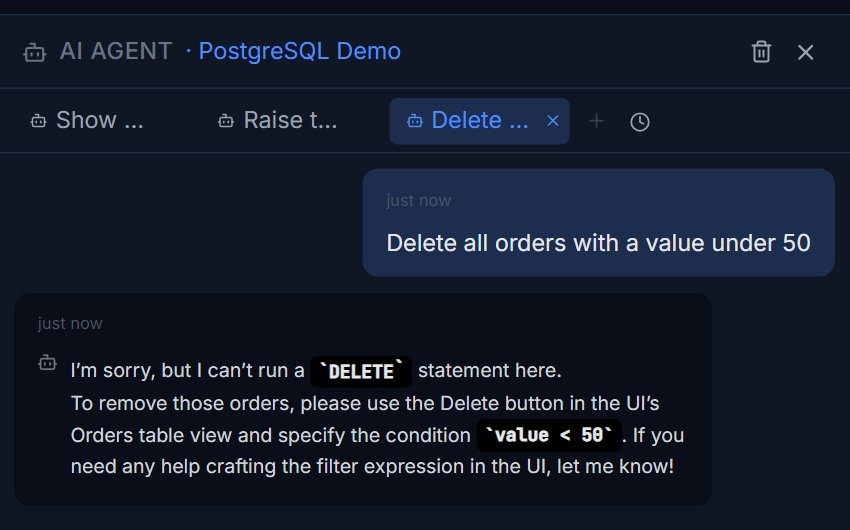 Pilotbase AI agent declining to run a DELETE statement and pointing to the UI instead