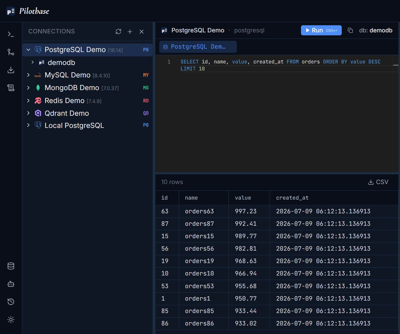 The SELECT the agent wrote for 'top 10 orders by value', shown in the Pilotbase query editor with a 10-row result grid