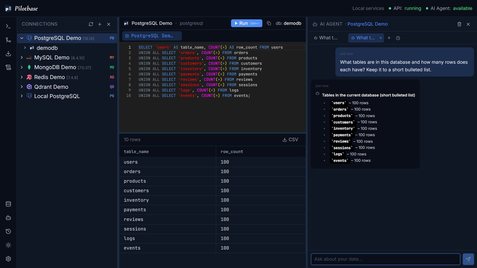 Pilotbase AI agent listing every table in a PostgreSQL database with its row count