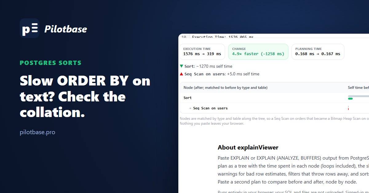 explainViewer comparing the same sort with the default collation and with COLLATE "C"