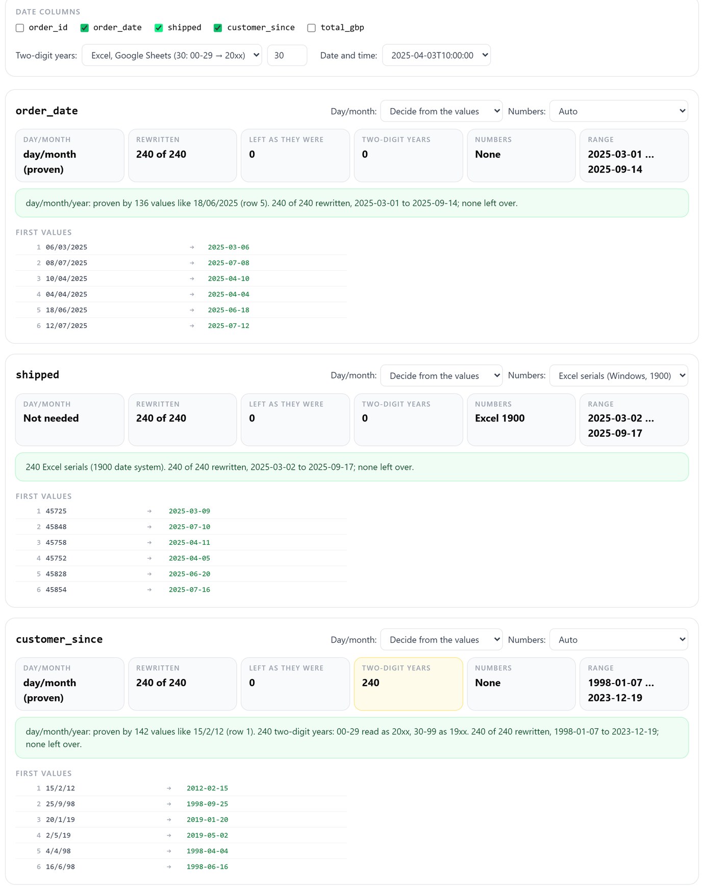 csvDates on uk_orders.csv: order_date day/month proven by 136 values, shipped read as 240 Excel serials, customer_since with 240 two-digit years, all rewritten as ISO dates