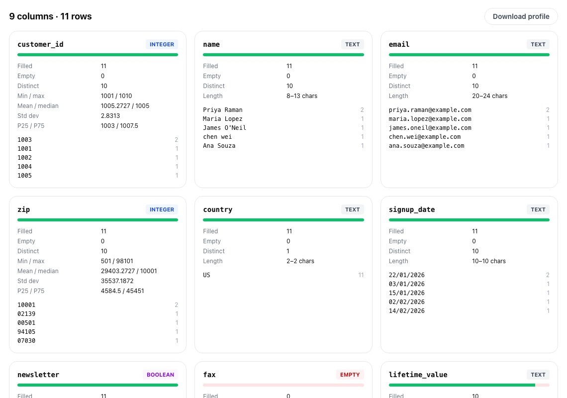 csvProfiler cards for customer_id, name, email, zip, country and signup_date, with zip inferred as INTEGER and signup_date as TEXT