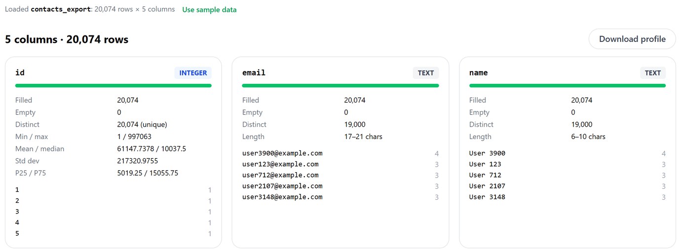 csvProfiler on contacts_export.csv: 20,074 rows, the email column has 19,000 distinct values, user3900@example.com appears 4 times