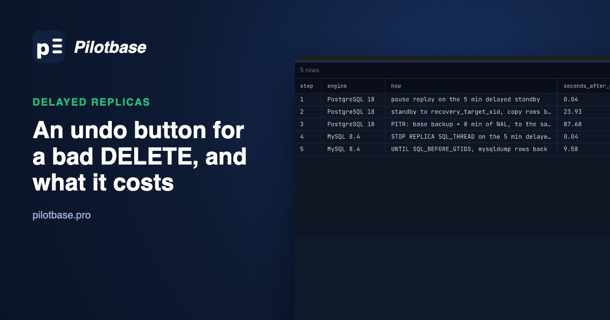 Pilotbase showing one bad DELETE of a million orders undone four ways: a paused delayed standby, a recovery target, PITR and a MySQL delayed replica