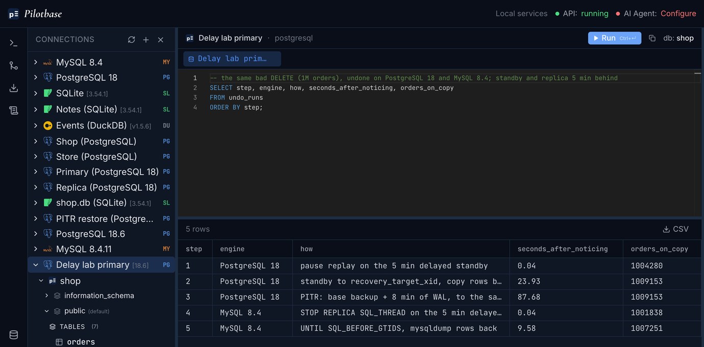 Pilotbase connected to the PostgreSQL 18 lab primary: the five measured ways of getting the deleted orders back, seconds after noticing and orders on the copy