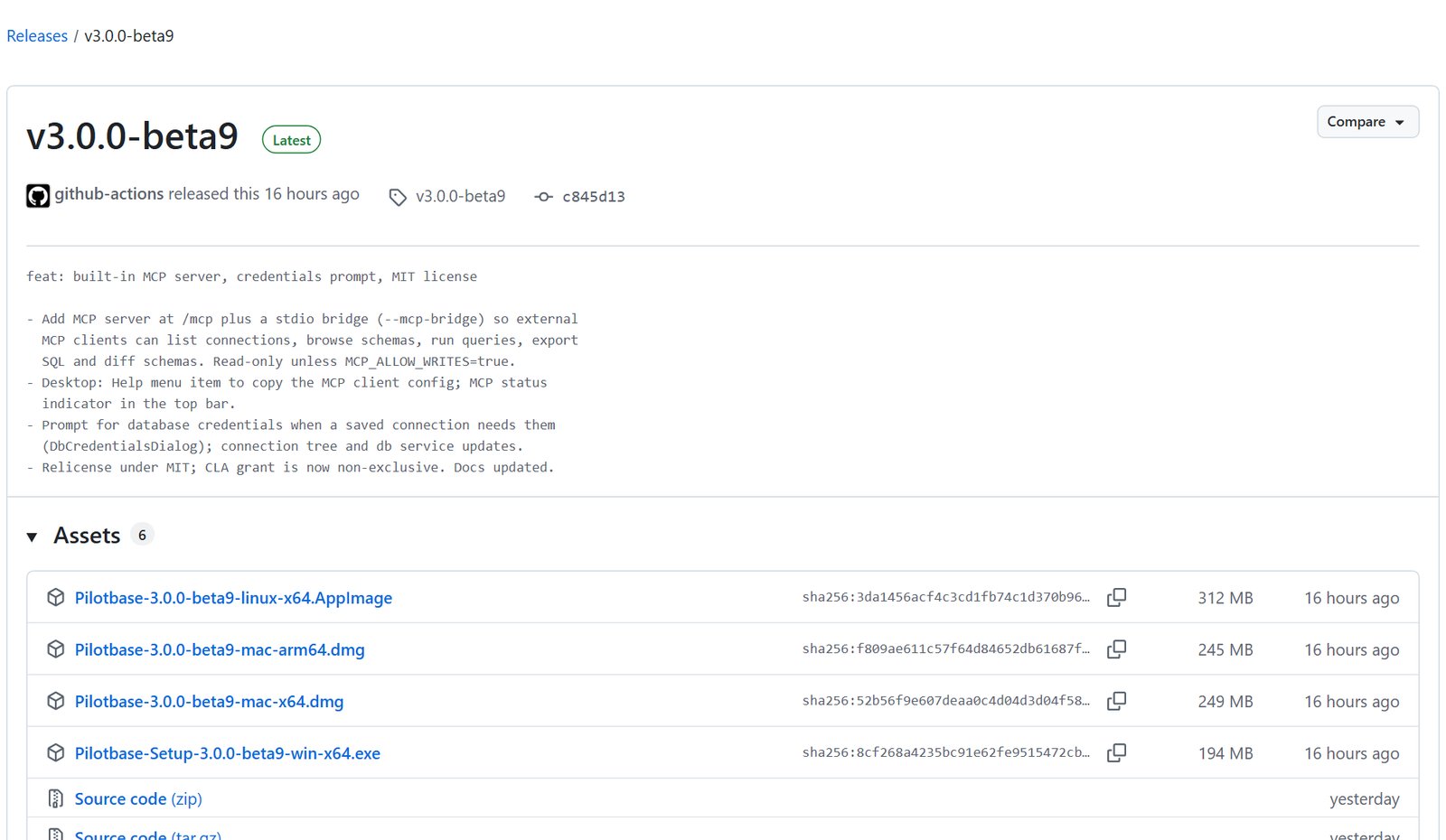 The Pilotbase v3.0.0-beta9 GitHub release with installers for Linux, macOS and Windows