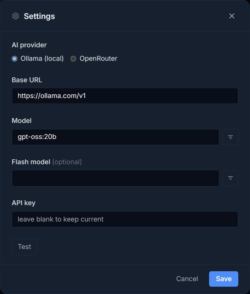 Pilotbase Settings dialog with AI provider, base URL, model and API key fields