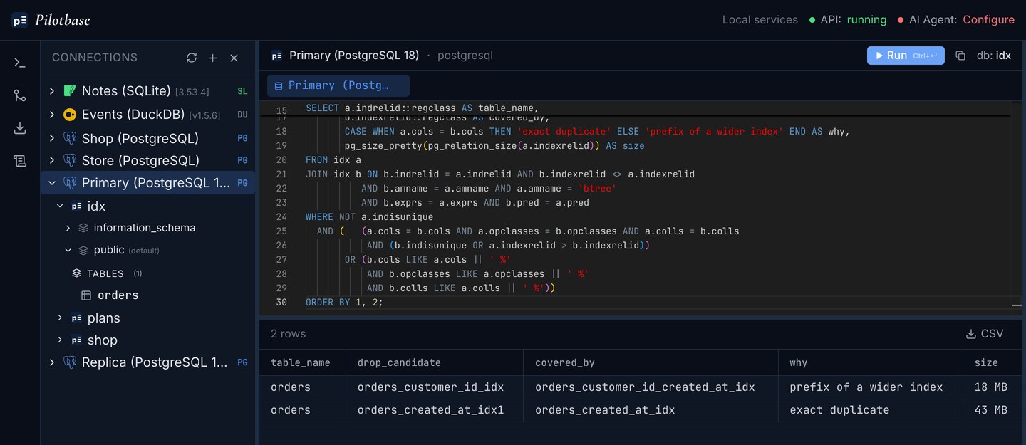 Pilotbase on the primary: orders_customer_id_idx is a prefix of orders_customer_id_created_at_idx (18 MB) and orders_created_at_idx1 is an exact duplicate of orders_created_at_idx (43 MB)