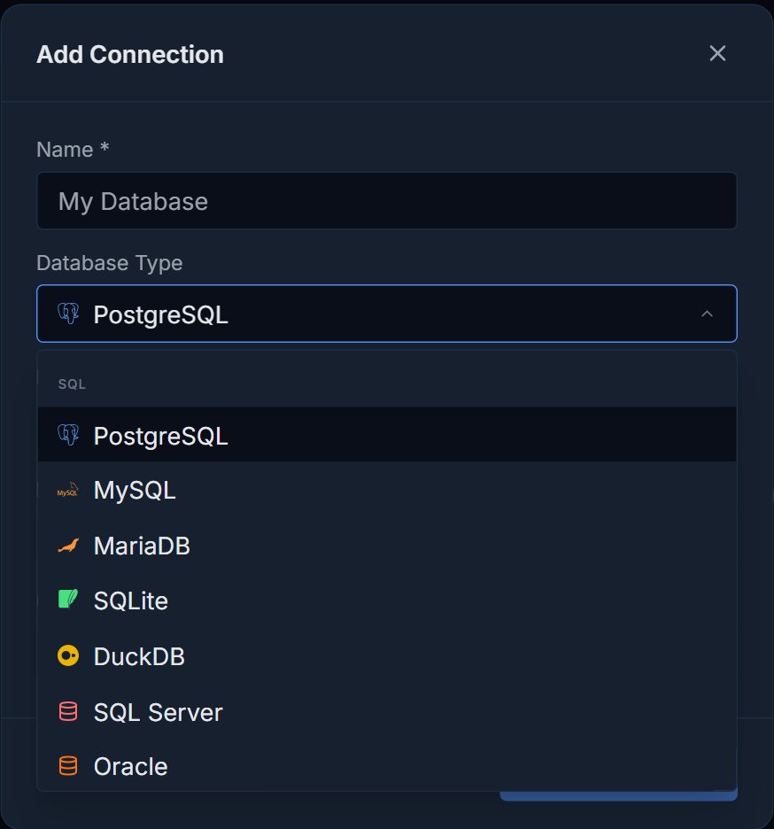 Pilotbase Add Connection dialog with the database type list open