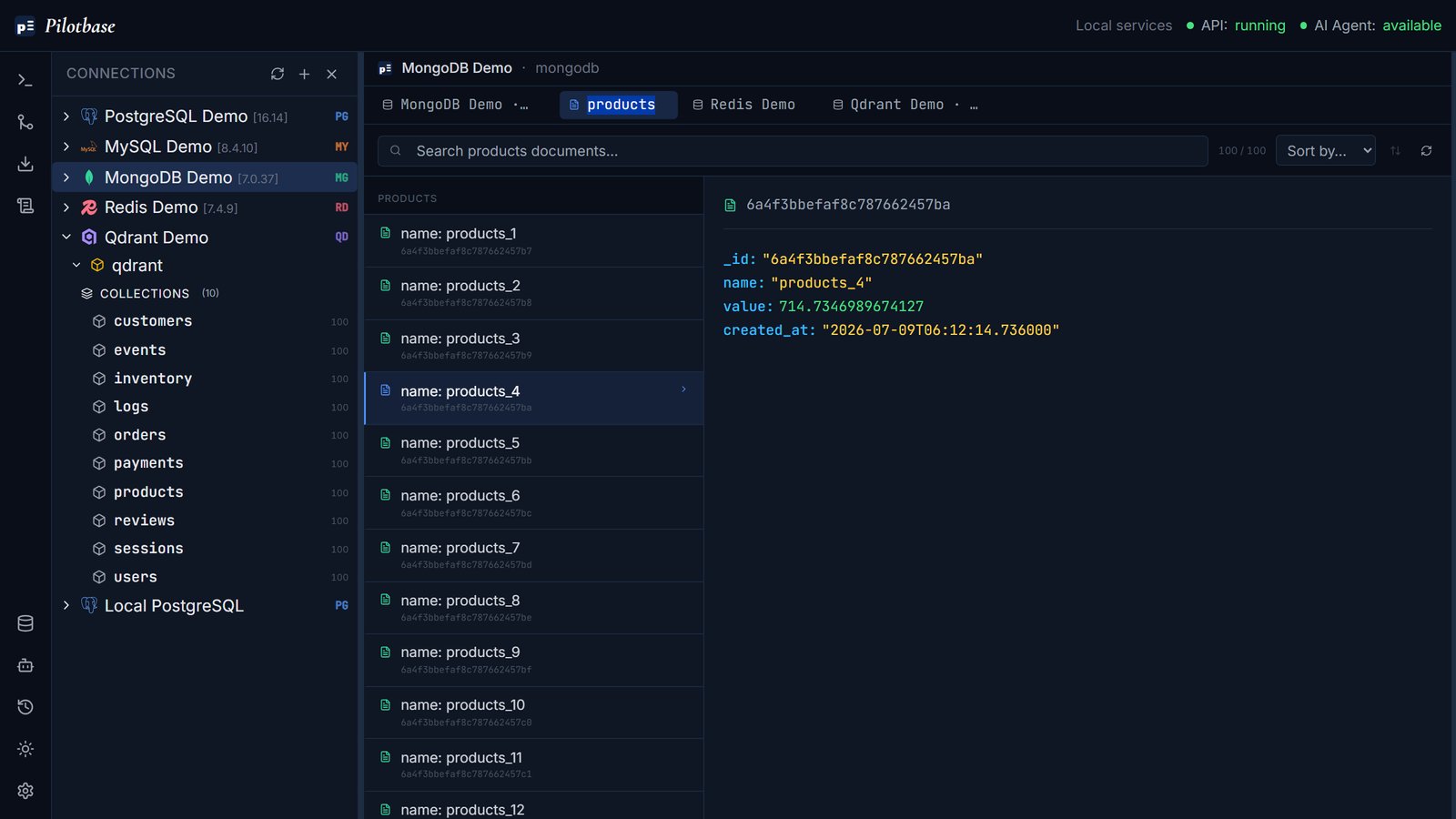 A MongoDB products collection open in Pilotbase with one document's fields shown