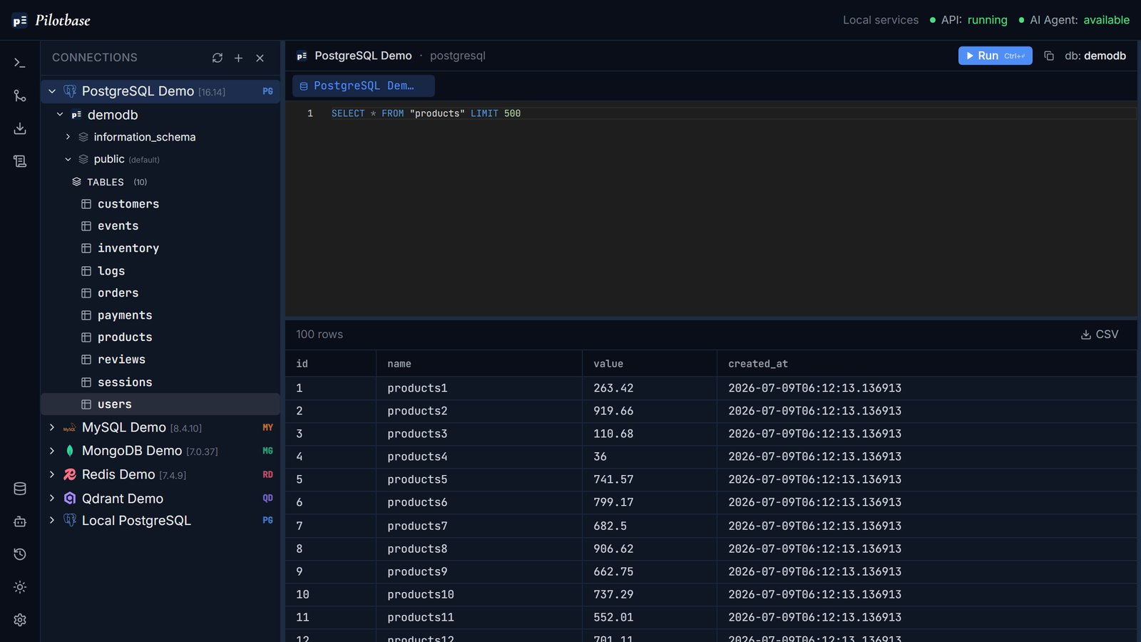Self-hosted Pilotbase showing a PostgreSQL table with the connection tree