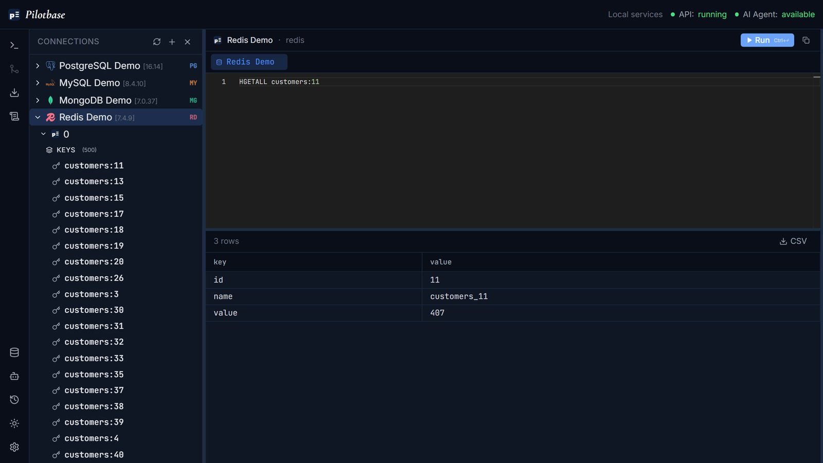 Pilotbase running HGETALL on a Redis hash key, showing its fields in the grid